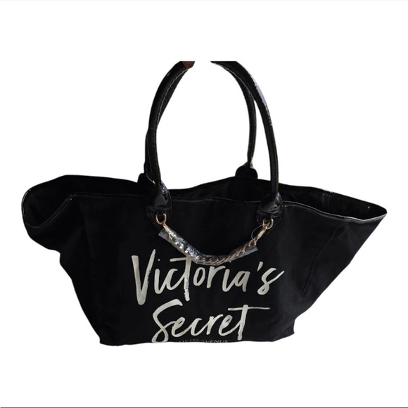 Victorias Secret Weekender Tote Shoulder Bag Black Silver Chain Beach New - Picture 2 of 11